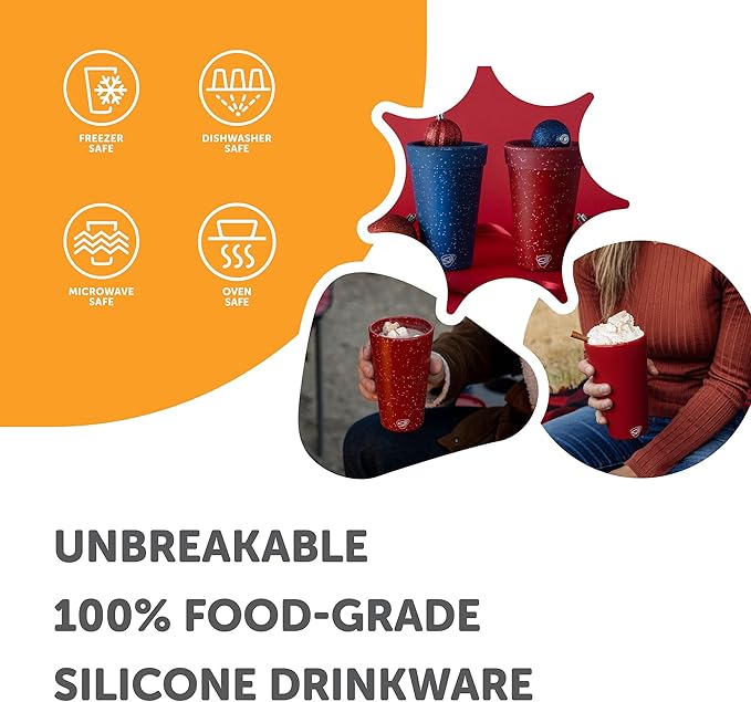 Silipint 16oz Silicone Pint Glass – Unbreakable BPA-Free Reusable Silicone Drinking Cup – Flexible Dishwasher Microwave & Freezer Safe – Stemless Glass for Water Coffee Smoothies (Speckled Red)