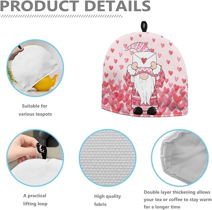 Gnomes Teapot Cover Tea Cozy Pink Teapot Insulated Kitchen Accessory Pink Tea Pot Cozy for Keeping Warm Love Hearts Teapot Dust Protector