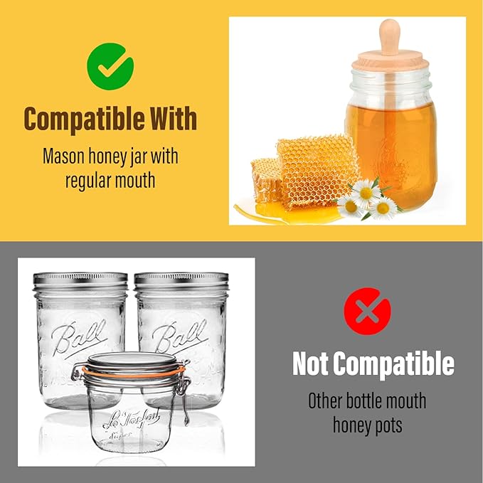 Wooden Mason Jar Honey Dippers - Honey Dipper Wooden Stick for Regular Mouth Mason Jars, Honey Spoon Mason Jar Honeycomb Lid for Regular Mouth 16 oz Mason, Ball Jars (2X Honey Dippers Standard 16OZ)