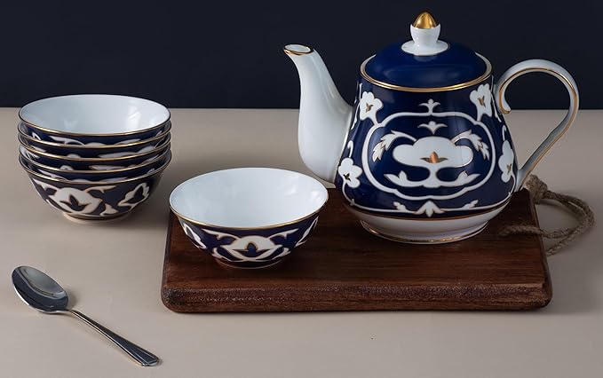 Blue and White Tea Set - 28 oz. Bone China Teapot and 6 oz. Tea Cups with White Vintage Design - Elegant Tea Serving Set for Kitchen and Gift for Women, Men, Adults and Tea Lovers