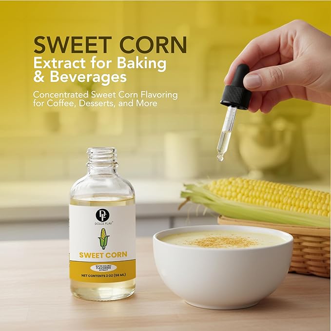 Dolce Flav Natural Sweet Corn Extract – 2 Ounce Water-Soluble Kosher, Sugar-Free, Concentrated Savory-Sweet Corn Flavor for Baking, Cornbread & Ice Cream, Includes Measured Dropper