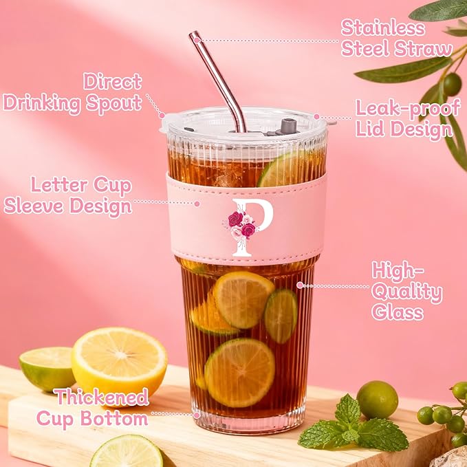 Personalized Gifts for Women,20oz Ribbed Glass Tumbler,Monogrammed Gifts for Women,Birthday Gift,Ice Coffee Mug,Christmas Gift for Mom Sister-P