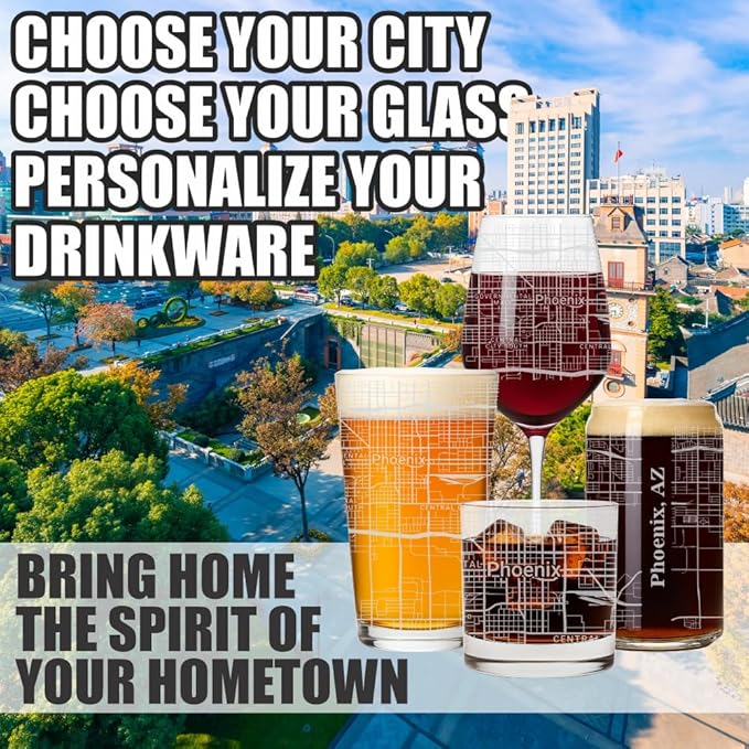 Blue Ridge Mountain Gifts - Phoenix Souvenir - Arizona Glassware Gift, Etched City Map, Laser Engraved and Dishwasher Safe