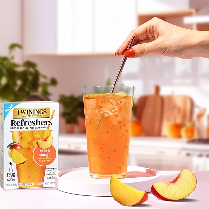 NEW Twinings Peach Mango Refreshers, Herbal Tea Instant Beverage with Real Peach Fruit Bits, 5 Count (Pack of 1), Café Style, No Artificial Sweeteners, Naturally Caffeine-Free Refreshment, 5 Packets