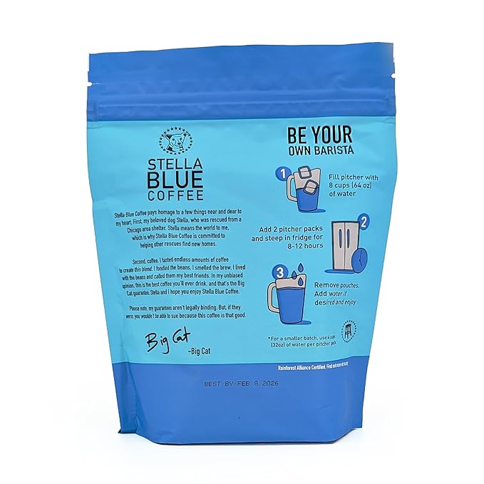 Stella Blue Cold Brew Coffee Bags, Big Cat Blend, Medium Roast Ground Coffee, Smooth, Bold and Refreshing 100% Arabica, 6 Brew Packets, Makes 24 Cups, Rainforest Alliance Certified