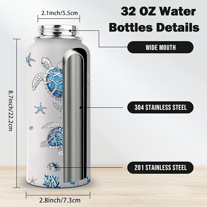 Sea Turtle Gifts, 32 oz Insulated Water Bottle, Stainless Steel Sports Travel Bottles, Ocean Turtle Water Bottles Gifts for Women Men (1pcs)