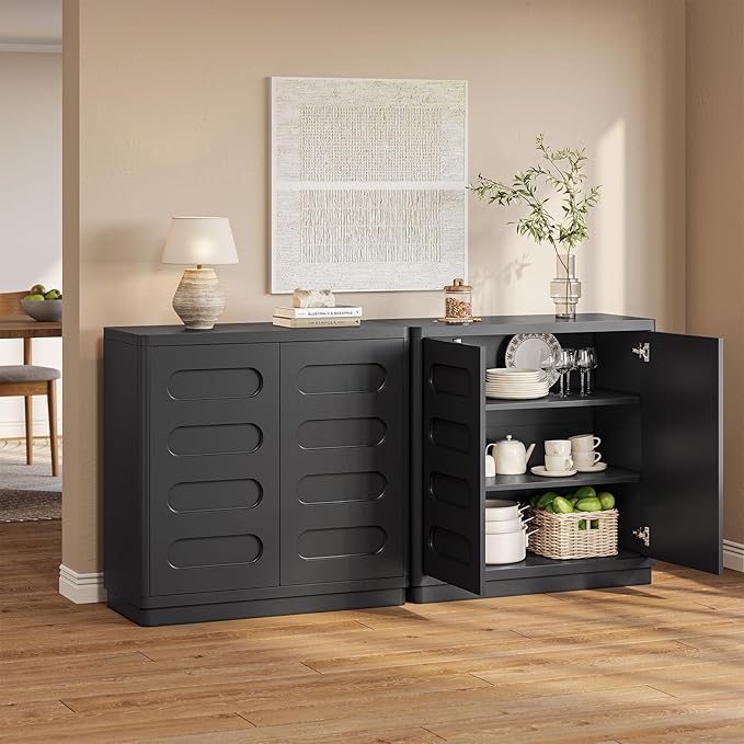 Buffet Cabinet with Storage, Arc Accent Sideboard with 2 Doors and Adjustable Shelves, Large Console Table for Dining Room, Kitchen, Living Room, Black