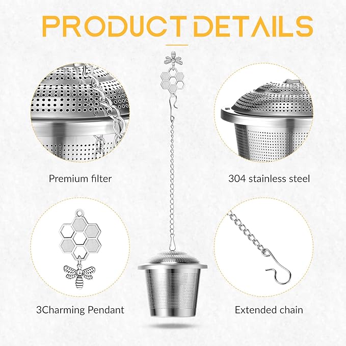 3 Sets Tea Infusers Steeper for Loose Leaf Tea Holder Stainless Steel Tea Ball Mesh Strainer Filters with Drip Trays and Pendant(Bee Style)