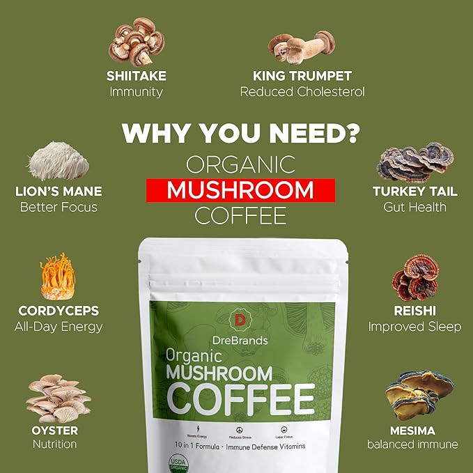 DreBrands Mushroom Coffee |10 in 1 Organic Mushrooms | USDA Organic | Instant Coffee | Wood Ear | Better Energy, Focus, Digestion, Immunity | Shiitake, Lion’s Mane, Turkey Tail | 15 Servings