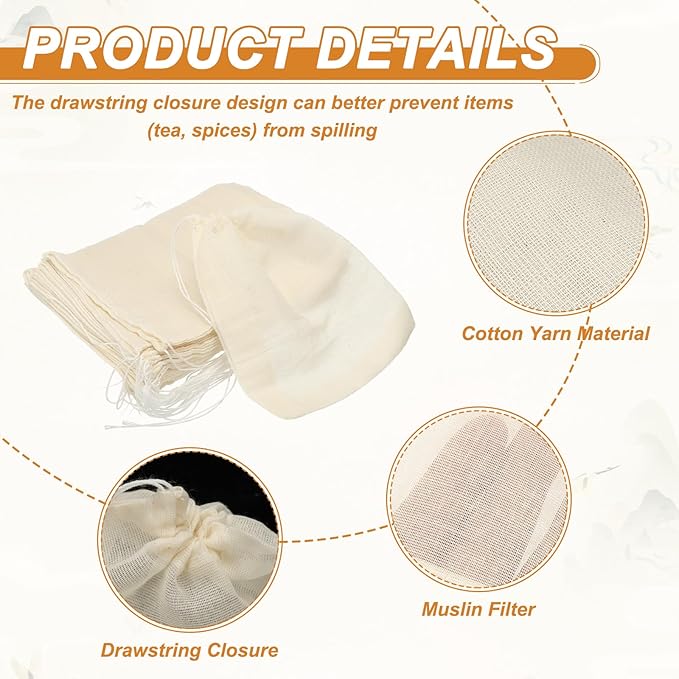uxcell 20 Pcs Spice Bags for Cooking, 4x3 in Reusable Empty Tea Bags Muslin Strainer Cotton Cheese Cloth for Loose Leaf Tea Sachet Straining Soups Herbs, Beige