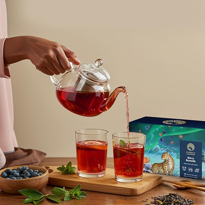 Blooms & Leopard Premium Green Tea Bags – Berry Borealis Blend with Hibiscus, Blueberries, Strawberries, & Spearmint – 20 Pyramid Tea Bags for Hot or Iced Tea