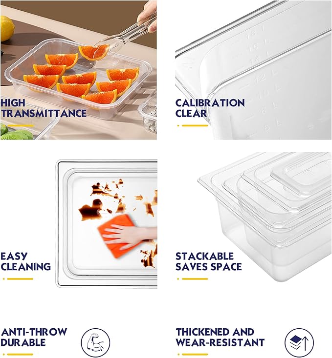 6 Pack NSF Food Pans with Lids, 1/3 Size 6'' Deep Commercial Food Storage Containers, Polycarbonate, Clear