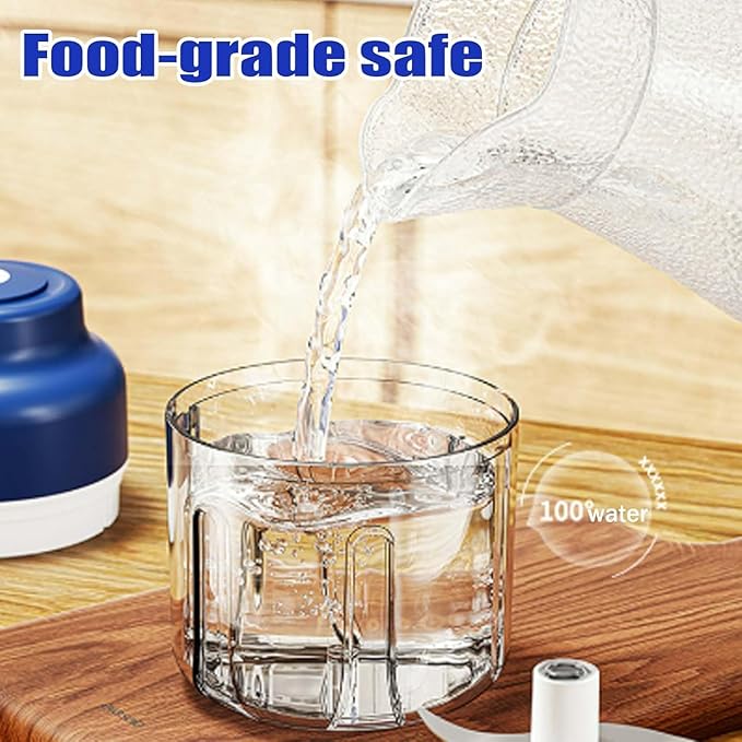 Electric Garlic Chopper, 300ml Mini Portable Veggie Cutter, Dicer with 4 Stainless Steel Blades, One-Touch Operation for Garlic, Onion, Nuts, Easy to Clean, Dishwasher Safe (Blue)