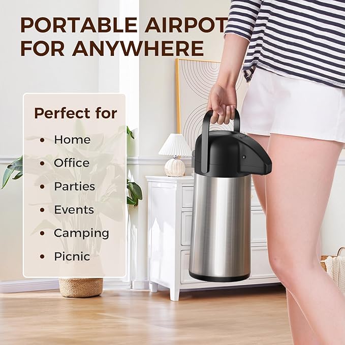 Coffee Carafe for Keeping Hot - Gezoss 64OZ / 1.9L Airpot Coffee Dispenser with Pump - Large Coffee Thermos for Hot Drinks Tea Liquid - Insulated Stainless Steel Hot Water Beverage Urn for Parties
