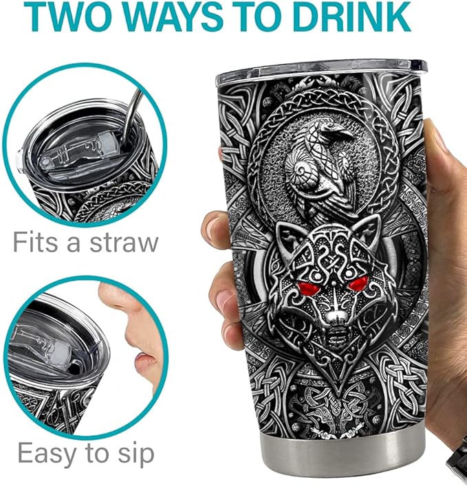 SANDJEST Wolf Tumbler Raven Viking 20oz Tumblers with Lid Gift for Men Dad Son Father Husband Christmas Birthday