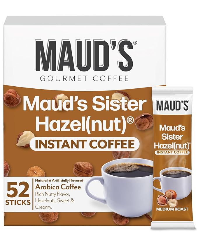 Maud's Sweet Hazelnut Flavored Instant Coffee, 52 ct, 100% Arabica Coffee, Medium Roast, Instant Hot or Iced Coffee - Just add water