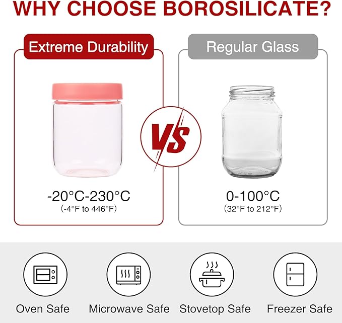 16oz Borosilicate Glass Jars with Lids - Freezer to Oven Safe (-4°F to 446°F), Airtight Meal Prep Containers for Overnight Oats, Snacks, Coffee, Microwave & Dishwasher Safe (4pack)