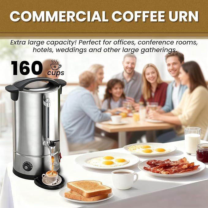 Commercial Coffee Urns, 160 Cups/25L Coffee Maker with Keep-Warm Function, Hot Beverage Dispenser, Electric Hot Water Urn Stainless Steel, for Events, Offices, Parties, Catering (160 Cup)