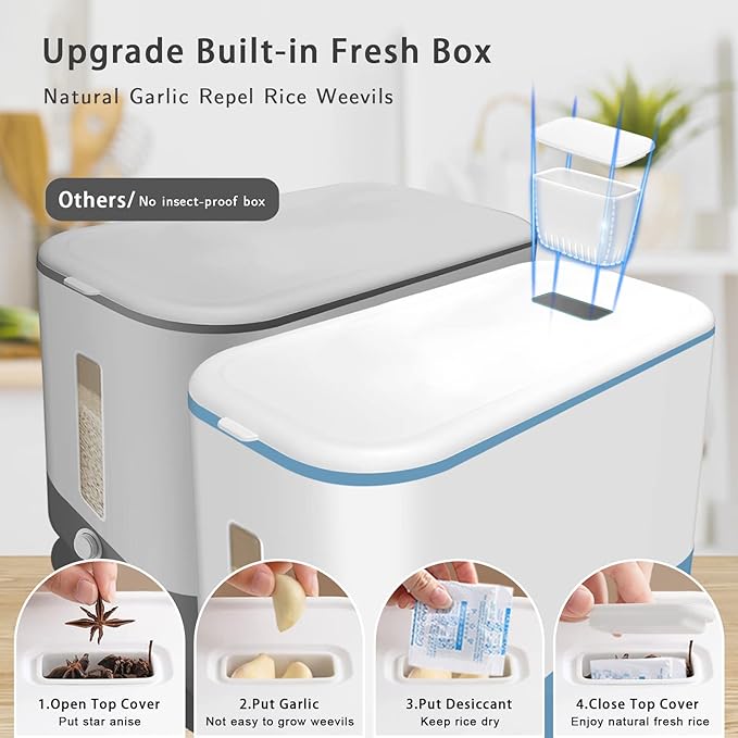 22-25 Lbs Rice Dispenser, Large Cereal Dry Food Storage Containers with Measuring Cup,BPA-Free Household for Kitchen Pantry Organization-Blue