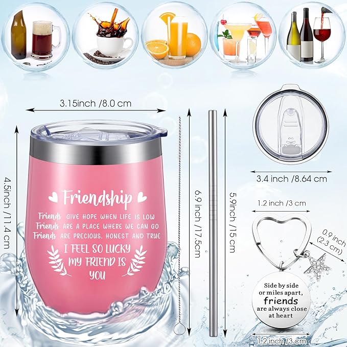 Sliner 6 Pack Friend Gift for Women Christmas Friendship Wine Tumbler Cup 12 oz Friendship Canvas Makeup Bag and Inspirational Keychain Xmas Gifts