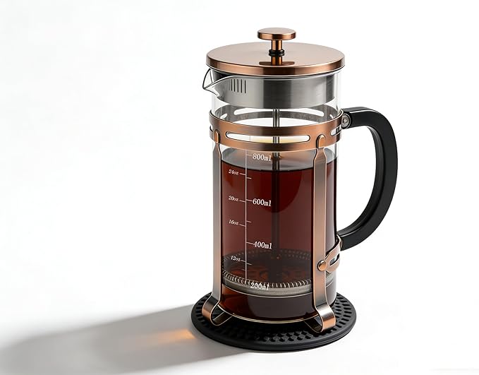 Coffee Maker 304 Stainless Steel French Press with 4 Filter, Heat Resistant Durable, Borosilicate Glass Coffee Press, 100% BPA Teapot, 34 ounce, copper