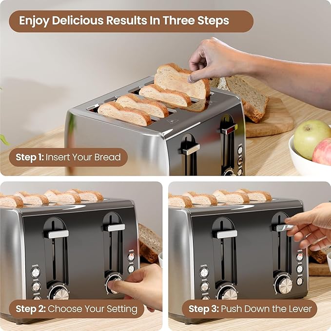 4 Slice Toaster with Crumb Tray for Easy Cleaning, 6 Browning Settings, Self-Centering Dualit Bread Toaster 4 Slice, Cancel, Defrost&Reheat Function