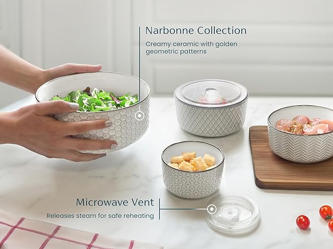 KooK Mixing Bowls, with Lids, Ceramic Nesting Bowls. Space Saving, Set of 4, Embossed, Kitchen, Prep, Stackable, Mix, Gift, Microwave and Dishwasher Safe, 10/16/29/47 oz, Narbonne Collection (Ivory)