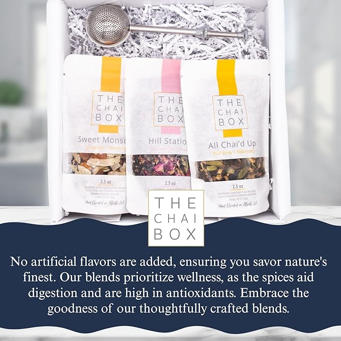 The Chai Box Top Selling Loose Leaf Tea Gift Set - Featured in Oprah's Favorite Things | 3-Flavor Caffeinated Chai Tea Gift Box with Stainless Steel Steeper (3 Pack) | Small Batch Loose Leaf Tea with Whole, Premium Spices