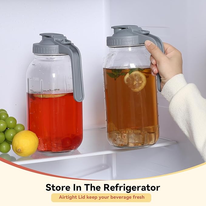 Novelinks 64OZ Glass Pitcher with Lid, Wide Mouth Mason Jar Pitcher, Leak-proof Water Jug for Juice, Milk,iced Coffee Lemonade Tea,2 Pack