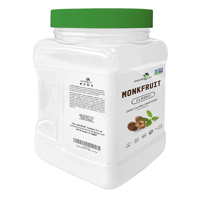 Morning Pep Monk Fruit Sweetener, Classic | White Sugar Substitute, Keto Diet Friendly, 1:1 Sugar Replacement, For Baking, Coffee, Tea, Zero Calorie Non Gmo Project Verified, OU Kosher, White - 5 lb