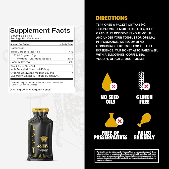 HYVE Functional Pre-workout Honey – Caffeine Free Raw Energy Packets with Organic Cordyceps Mushrooms, Volcanic Sea Salt & Organic Honey – Energy Boost with Natural Adaptogens, Pack of 15 Sachets, Sweet & Salty