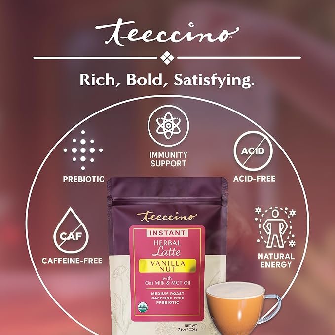 Teeccino Organic Instant Vanilla Nut Herbal Latte – 14 Servings – Creamy Oat & Coconut Latte Plus MCT Oil with Vanilla & Dates Accenting Roasted Chicory – Prebiotic, Caffeine-Free – 7.9 ounces