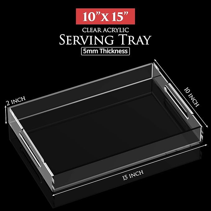 Acrylic Tray 15x10 with Cut Handles - Spill Proof Decorative Tray is an Ideal Countertop Organizer for Living Rooms, Ottoman Coffee Tables, Offices, Kitchens & Serving Guests