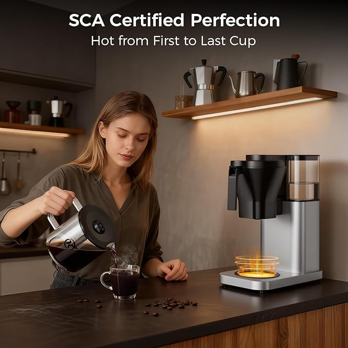 Kismile 8-Cup Drip Coffee Maker,Automatic pour over coffee machine,Portable Stainless Steel Coffee Maker, Dishwasher Safe, SCA Certified, 1300L/44 ounce, Hot & Iced, Silver