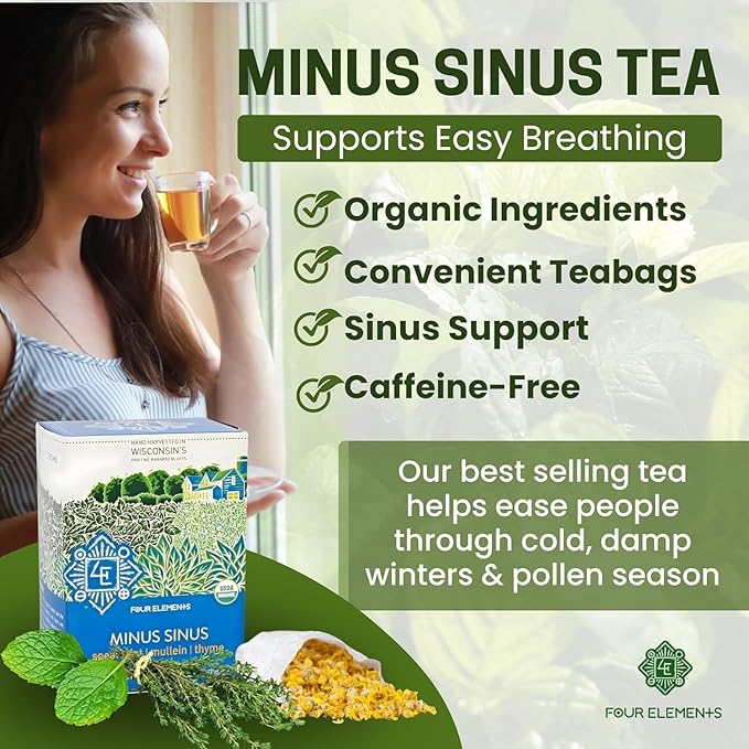 Four Elements Minus Sinus Tea 2 x [16 Teabags, 1.2 oz] | Organic Spearmint Tea with Mullein & Thyme | Caffeine Free Herbal Blend with Refreshing Aroma & Comforting Flavor | Enjoy Hot or Iced Latte
