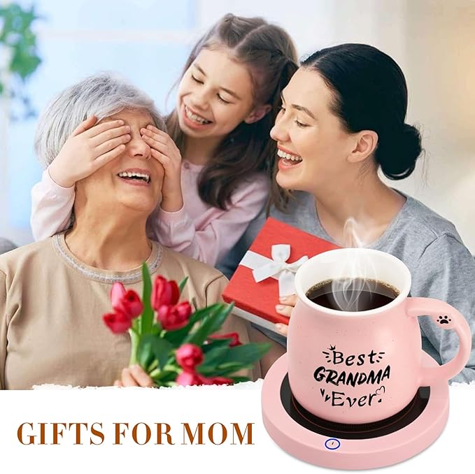 Coffee Mug Warmer, Best Grandma Ever Mug, Cute Cat Mug Set, Coffee Cup Warmer for Desk, Gifts for Grandma, Pink Heated Coffee Warmer for Nana Home Office Christmas Birthday Gifts