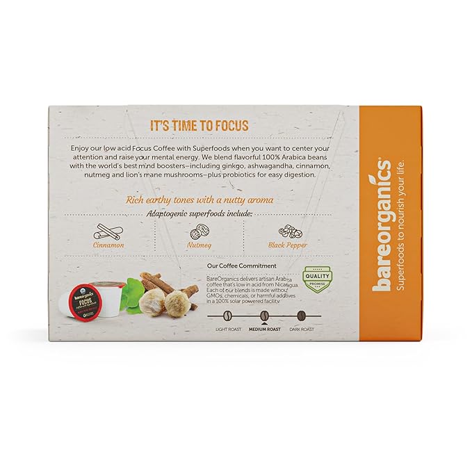 Focus Coffee with Superfoods - Organic Probiotic Mushroom Coffee Pods, Supports Healthy Focus & Digestion, Infused with Ashwagandha, Lion's Mane, and Cinnamon - 10 Recyclable Single Serve K-Cups