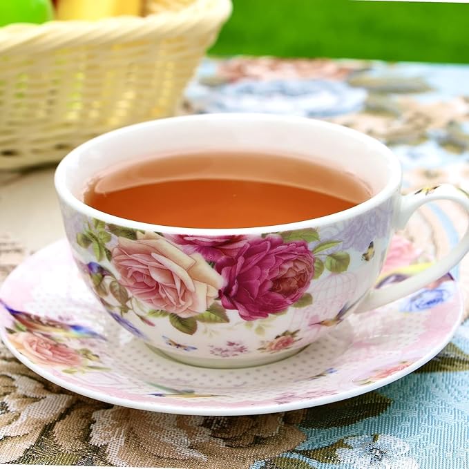 ONEUSTAR Tea for One Set Ceramic Floral Teapot and Cup Saucer Set for Women Mother's Day Birthday Gift in Reusable Handmade Gift Box, Pink