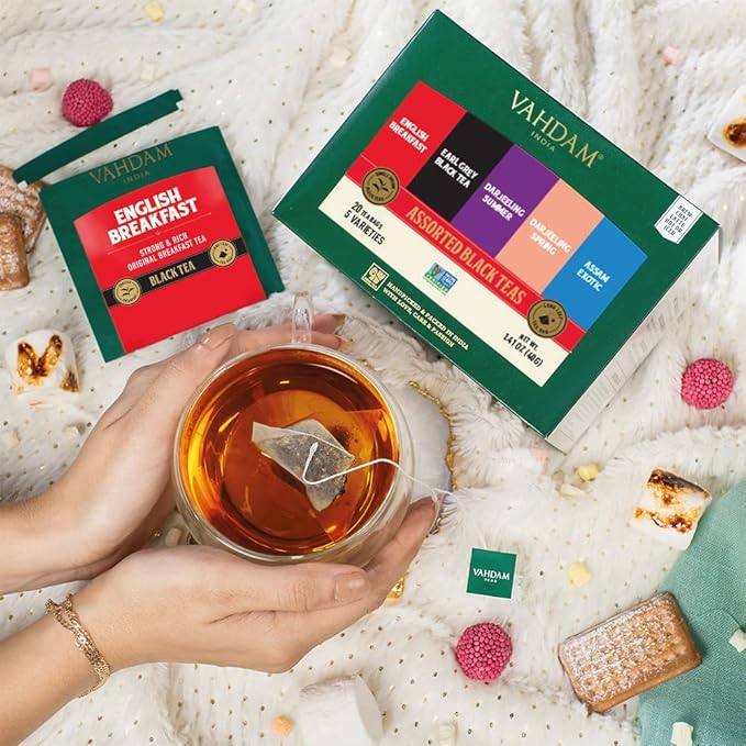 VAHDAM, Assorted Black Tea Bags Sampler (5 Flavors, 20 Ecofriendly Pyramid Tea bags) I Christmas 2025 Gift Ideas for Women & Men | Assam and Darjeeling Teas | Gluten Free & Non GMO