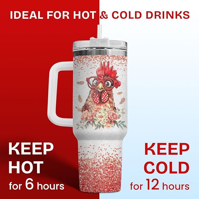 34HD Funny Chicken Tumbler with Handle and Straw, 40oz I Cam I Saw Coffee Mug Stainless Steel, Leakproof Rooster Cup, Chicken Gifts for Chicken Lovers Farmers