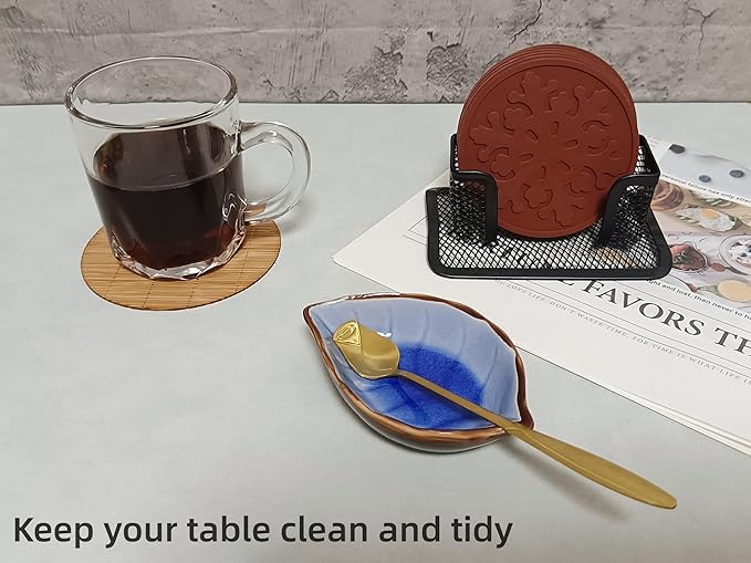 Coffee Spoon and Rest for Coffee Bar Accessories, Leaf Small Spoon Rest for Coffee Station, Tea Spoon Rest Tea Spoon Holder Teaspoon Rest, 1 PC (Ice Cracks Sapphire with Gold Rose Spoon)