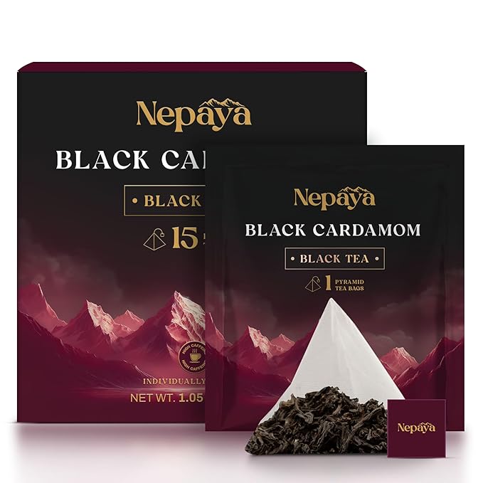 Nepaya Black Cardamom Black Tea – 15 Pyramid Tea Bags, Robust & Smoky, High Caffeine, Biodegradable, Himalayan Whole-Leaf Tea, Coffee Replacement