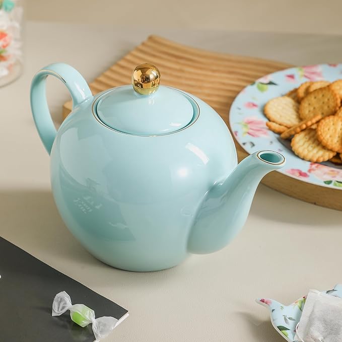 30oz Blue Porcelain Teapot, Ceramic Teapot with Gold Trim, Elegant Teapot for Loose Leaf Tea & Tea Bags, Tea Party Essential