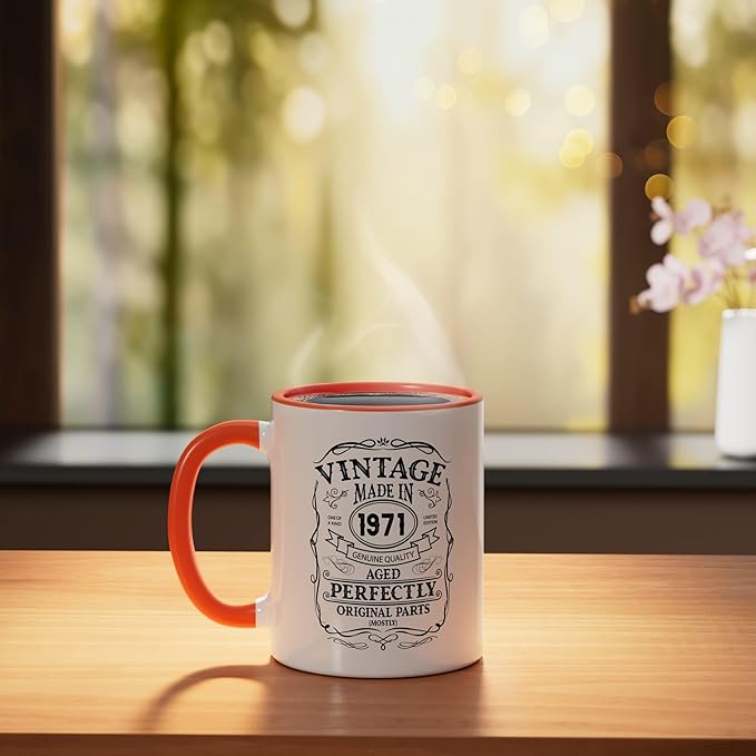 54th birthday, retro Vintage Design, man, woman 1971 Ceramic Mug, Orange/White