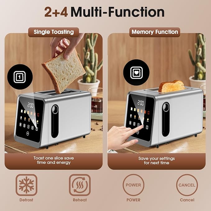 2-Slice Smart Toaster, Digital Touchscreen with Memory Function, 1.5" Extra-Wide Slots, 5 Bread Types & 6 Browning Settings, 900W for Fast Toasting, Defrost & Reheat Modes