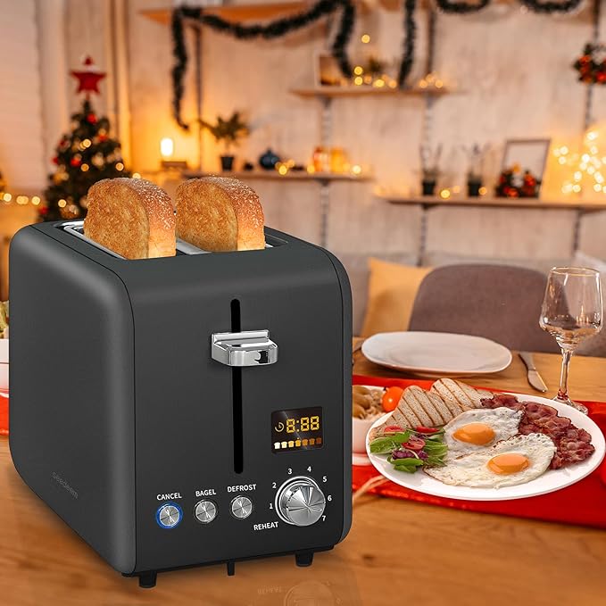 SEEDEEM Toaster 2 Slice, Stainless Steel Toaster LCD Display, 7 Bread Shade Setting, 1.4'' Wide Slots, Bagel/Defrost/Reheat Functions, Removable Crumb Tray, 900W, Dark Chocolate