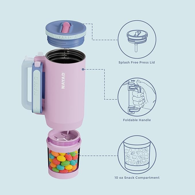 NAYAD 22 oz Flip Straw Tumbler with Handle & 10oz Snack Container Insulated Stainless Steel Water Bottle with Foldable Handle Dual Lids for Travel Gym Car Daily Use Christmas gifts (pink)
