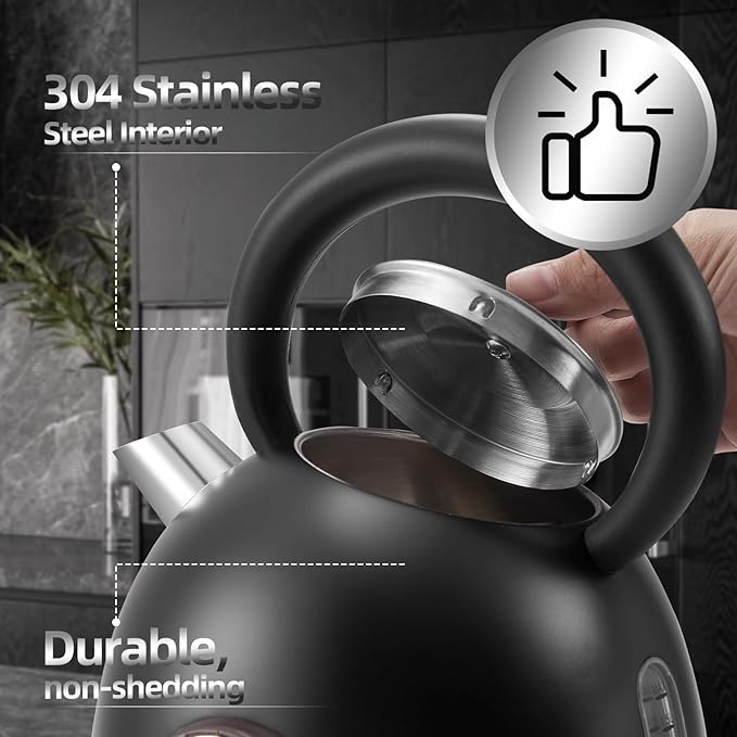 1.7L Electric Kettle, Retro Stainless Steel Water Boiler with Temperature Gauge & Auto Shut-Off, 1200W Fast Boiling Kettle for Home Kitchen Office, Boil-Dry Protection (Matte Black）