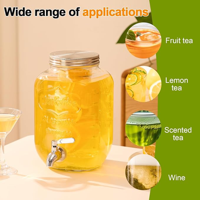 1 Gallon Beverage Dispenser, Glass Drink Dispensers for Parties, Fruit Infuser and Stainless Steel Spigot 100% Leakproof, Beverage Dispenser for Lemonade Sun Tea