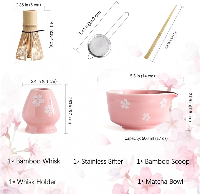Matcha Whisk Set, Matcha Bowl with Spout, Matcha Whisk and Holder, Bamboo Matcha Scoop and Stainless Sifter，Ceramic Matcha Bowl Set (Pink)